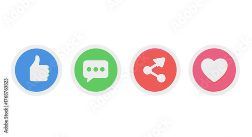 Set of four vibrant 3D social media icons: a blue thumbs-up for likes, a green speech bubble for comments, a red share icon, and a pink heart for love, presented on a black background, perfect for