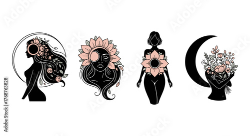 Set of four minimalist line art illustrations of women adorned with flowers and celestial elements, symbolizing femininity, nature, and cosmic connection, presented on a black background with a soft