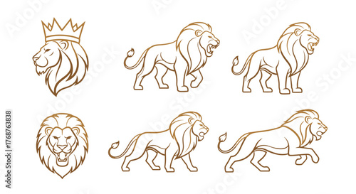Golden Lion Icons Set: Majestic King of the Jungle Illustrated with Crown, Roaring Full Body Poses, and Fierce Head Profile, Symbolizing Power, Royalty, and Strength, Elegant Line Art on Black