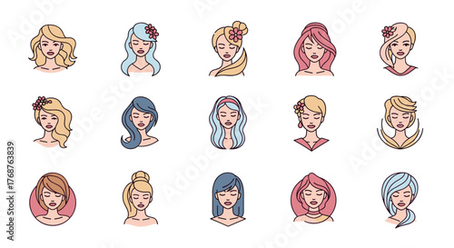 Collection of stylized female avatars with diverse hairstyles and colors, presented as flat icons with clean lines and a modern aesthetic, perfect for user profiles, beauty blogs, or fashion-related