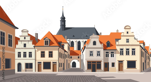 Charming european streetscape illustration with traditional architecture and church
