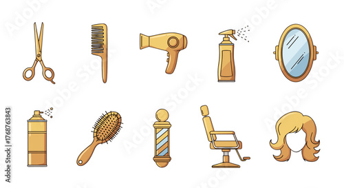 A collection of golden yellow barber shop and hair salon icons, including scissors, comb, hairdryer, spray bottle, mirror, hairspray can, brush, barber pole, styling chair, and a blonde wig, all set