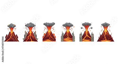 Set of six stylized illustrations depicting a volcano erupting with lava flows, smoke, and ash clouds, presented in a sequence or as distinct variations, some featuring abstract architectural