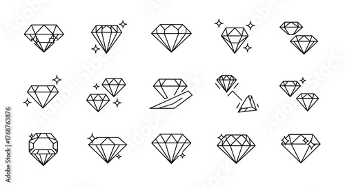 Collection of stylized diamond icons and illustrations, featuring various facets, cuts, and sparkling effects, presented in a clean, minimalist line art style on a dark background, perfect for