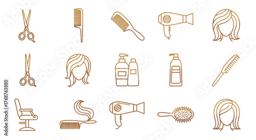 Golden icons set for hairdressing salon, including scissors, combs, hair dryer, shampoo bottles, hair salon chair, and stylized female hairstyles, presented on a black background, perfect for beauty