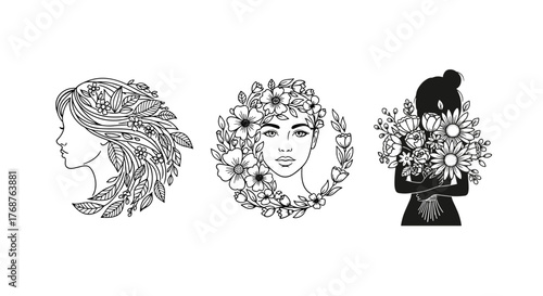 Three distinct line art illustrations of women adorned with floral elements, showcasing profiles and frontal views, symbolizing nature, beauty, and femininity in a minimalist, elegant style against a