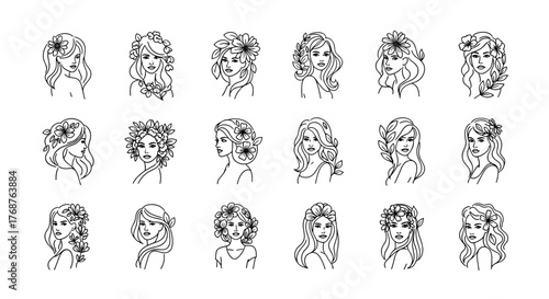 Collection of 18 elegant line art illustrations of women's faces adorned with various floral elements, showcasing diverse hairstyles and delicate features, perfect for beauty, fashion, and