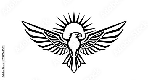 Majestic eagle soars beneath a radiant sun, powerful symbol of freedom and vision, black and white