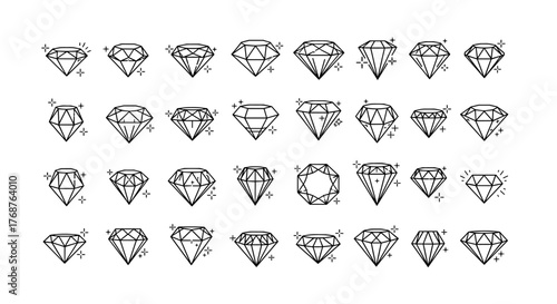 Collection of 24 stylized diamond icons, each showcasing a unique facet arrangement and subtle variations in sparkle and cut, presented on a clean black background for maximum contrast and visual