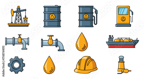 Collection of flat design icons representing the oil and gas industry, including an oil pump jack, barrels, a gas station pump, pipelines, oil drops, a tanker ship, a gear, and a hard hat, all on a