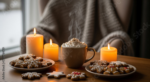 Wallpaper Mural Christmas cookies, hot chocolate, and candles on wooden table holiday cozy winter still life Torontodigital.ca