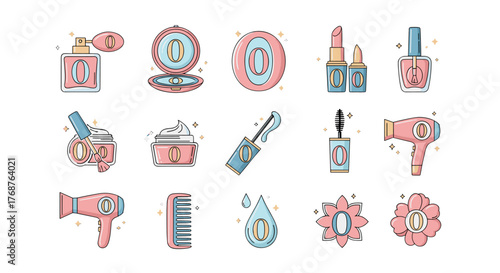 Collection of cute, pastel-colored beauty and cosmetic icons, including perfume bottle, powder compact, lipstick, nail polish, hair dryer, comb, mascara, cream jar, and decorative elements like water