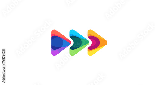 Dynamic and vibrant gradient play buttons arranged in a sequence, symbolizing forward movement, progress, and digital media playback, set against a stark black background for maximum visual impact