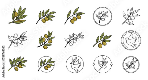 Collection of stylized olive branches and doves, representing peace, nature, and organic products, presented in a clean, modern vector graphic style with both colored and outline versions for