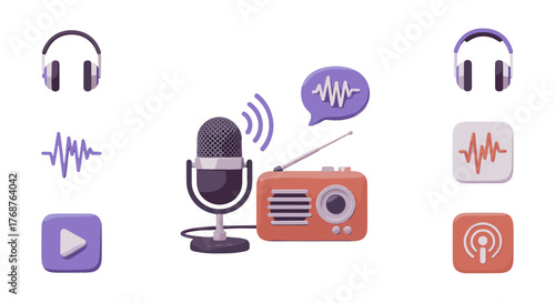 3D illustration of podcasting equipment and icons, including a vintage radio, microphone, headphones, play button, sound waves, and podcast logo, set against a black background, symbolizing audio