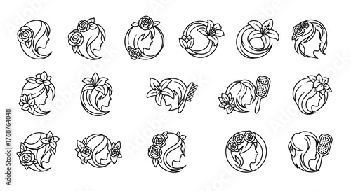 Collection of elegant line art icons featuring profiles of women adorned with flowers and hair accessories, including roses, lilies, and hairbrushes, presented on a black background for a