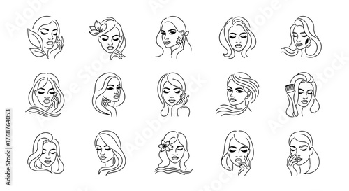 Collection of 15 minimalist white line art illustrations of diverse women's faces and hairstyles on a black background, showcasing beauty, elegance, and self-care with subtle details like leaves