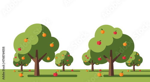 Stylized apple orchard with varied fruit colors on a flat green landscape backdrop