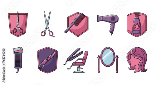 Collection of stylized icons representing hairdressing and beauty salon tools and services, including scissors, comb, hairdryer, shampoo bottle, hair straightener, barber chair, mirror, and a woman's