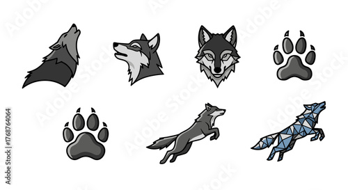 Collection of stylized wolf illustrations and icons, featuring howling wolves, wolf heads, paw prints, a jumping wolf, and a geometric wolf design, all on a black background, perfect for graphic