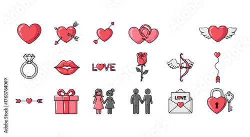 Collection of Valentine's Day icons and symbols, including hearts, rings, lips, roses, Cupid's bow, gifts, couples, love letters, and heart-shaped locks and keys, rendered in a flat, modern style