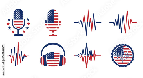 Collection of American Flag Themed Audio and Podcast Icons: Microphones, Headphones, and Sound Waves, Symbolizing Patriotism and Digital Communication in Red, White, and Blue