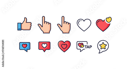 Collection of social media icons and symbols, including thumbs up, pointing fingers, hearts, chat bubbles, and a star, presented in a vibrant, flat design style on a black background, perfect for