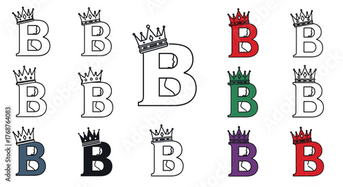 A collection of stylized letter B graphics, each adorned with a crown, presented in various colors including red, green, purple, and blue, against a stark black background, symbolizing royalty