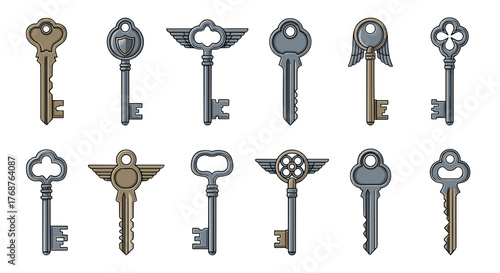 Collection of twelve antique and vintage keys, each with unique ornate designs and metallic finishes, including winged keys, shield keys, and clover keys, isolated on a black background, representing
