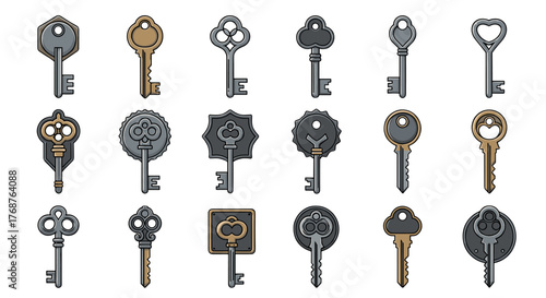 A diverse collection of vintage and antique keys, presented in a flat design style with clean lines and a dark background, showcasing various ornate bow designs and bit patterns, symbolizing access