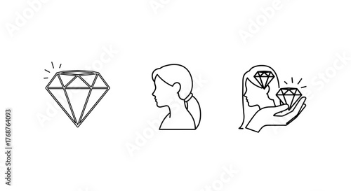 A striking trio of abstract geometric shapes, rendered in a minimalist line art style against a stark black background, featuring a faceted diamond, a stylized human silhouette, and a dynamic