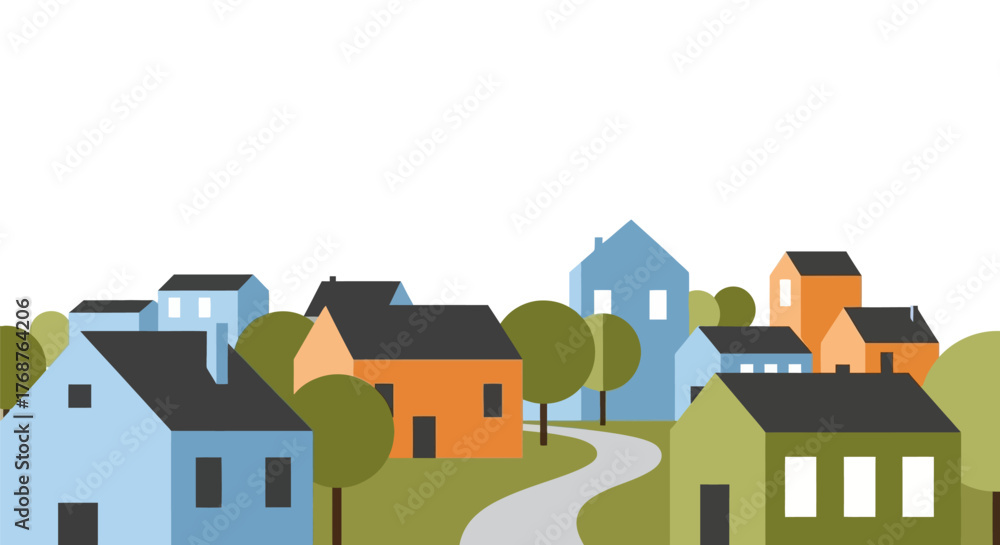 Naklejka premium Stylized village landscape with colorful geometric houses and winding road illustration