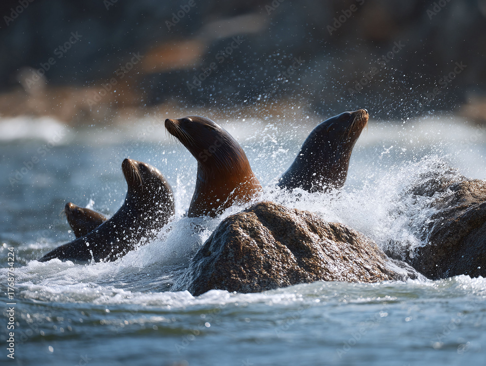 Fototapeta premium Sea lions playfully breaching waves near rocks. Captures marine wildlife, strength, and natures beauty. Ideal for oceanography, travel, or conservation projects.