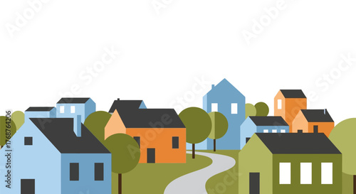 Stylized village landscape with colorful geometric houses and winding road illustration