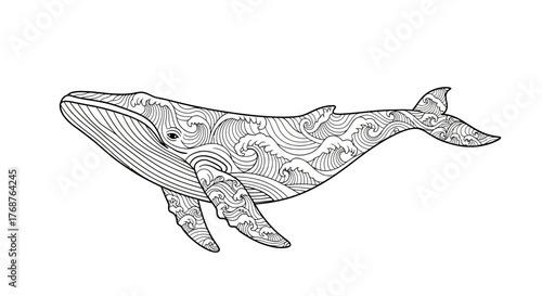Intricate whale illustration featuring wave patterns artistic marine life depiction