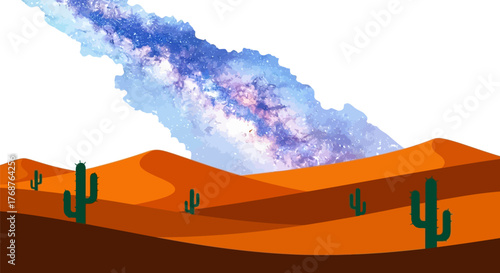 Desert vista with watercolor milky way and stylized cacti in flat illustration style