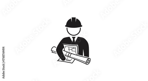 Architectural professional silhouette holding blueprints and wearing a safety helmet