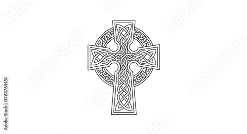 Foto Intricate Celtic cross design with interwoven knots and circular halo on white b