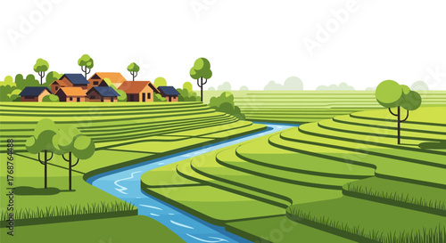 Scenic agricultural landscape featuring vibrant green rice terraces and rural village homes