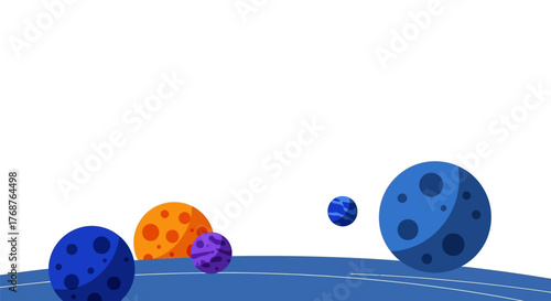 Colorful planetary bodies floating above curved horizon in a playful depiction of space