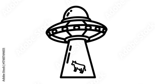 Humorous abduction concept featuring a simplified UFO snatching a cow in black and white outline
