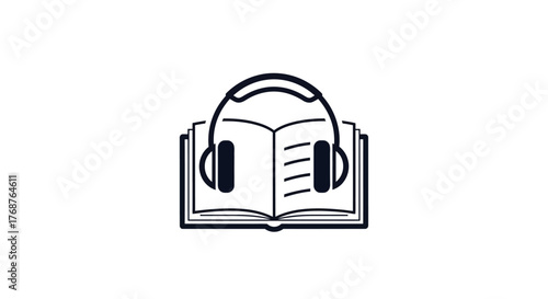 Illustration combining a book with headphones represents audiobook concept learning aid