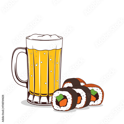 Mug of beer with sushi rolls as a traditional snack for festival celebration
