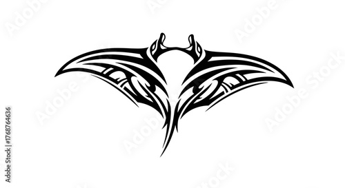 Abstract tribal manta ray illustration in black and white tattoo style design element