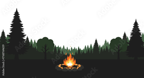 Enchanting forest scene with glowing campfire amidst shadowy trees creating a cozy ambiance
