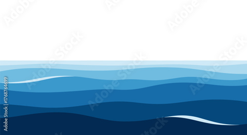 Stylized ocean waves illustration in varying shades of blue with white blank space