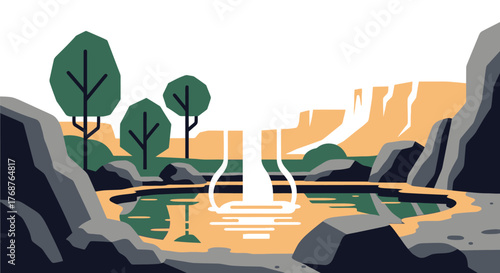Stylized landscape of a serene waterfall cascading into a tranquil pool surrounded by nature