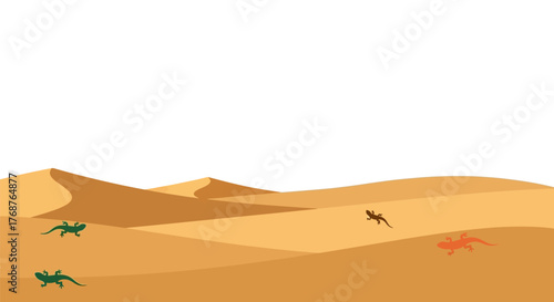 Minimalist desert landscape with lizards roaming across golden sand dunes under vast skies