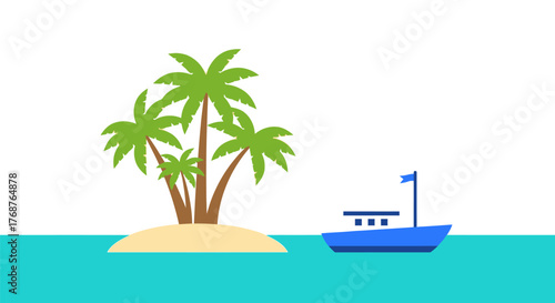 Tropical island getaway with swaying palm trees and a blue boat gliding on turquoise water