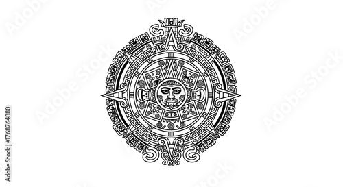 Intricate aztec sun stone illustration featuring detailed glyphs and historical patterns